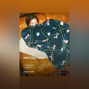NWT VS Pink Cozy Fleece Blanket in Green Plaid Dog
